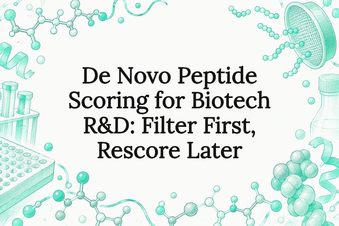 De Novo Peptide Scoring for Biotech R&D: Filter First, Rescore Later